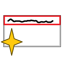 An empty white name tag with a red box at the top containing a black squiggle to represent text. Over the lower left corner is a large yellow sparkle.